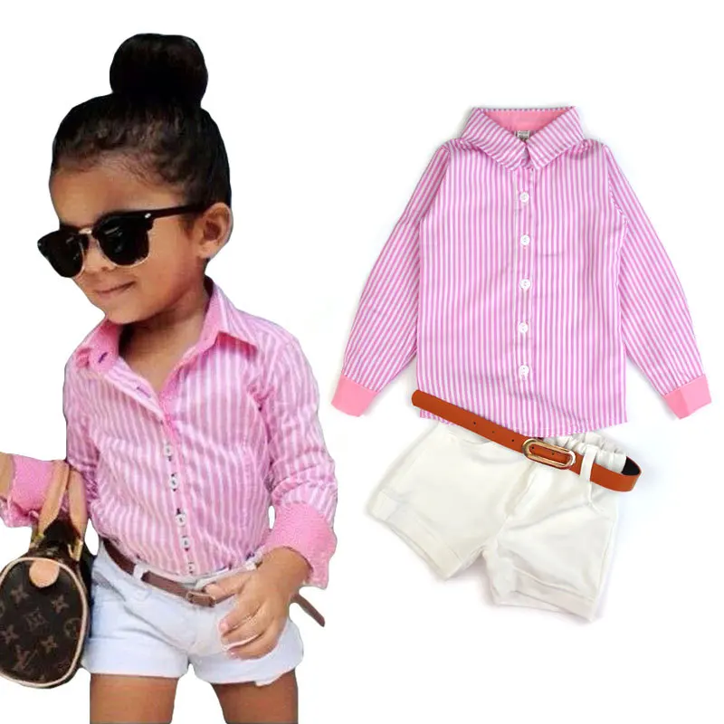 MESOLO Летняя Одежда для девочек костюм, состоящий из футболки+ шорты+ ремень, 3 шт./компл. розовый Рубашка в полоску модный костюм детский комплект