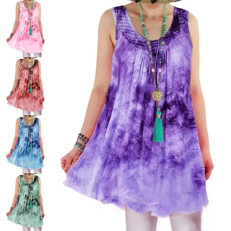

Summer Women Loose Grid Gradient Print Sleeveless Beach Dress Short Dress