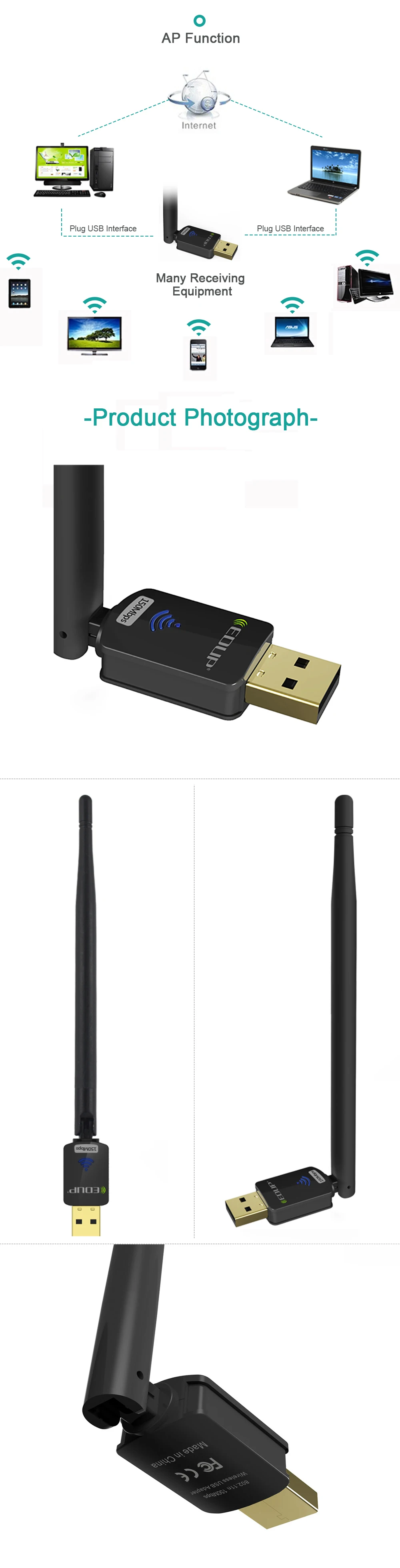 EDUP usb wifi адаптер 150 Мбит/с высоким коэффициентом усиления 6dbi wifi антенна 802.11n usb Wi-Fi приемник Ethernet Сетевая карта