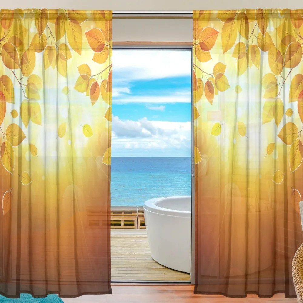 2 Pieces Custom Curtain Home Decor Autumn Maple Leaf Sheer Curtain