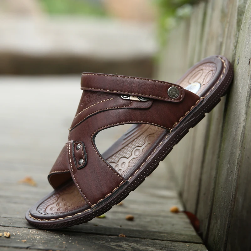 

2019 Men Summer Sandals Leather Casual Shoes Man Slip on Breathable Slippers Beach Sandalias Soft Hombre Verano Big Size XX-546