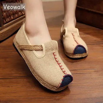

Veowalk Womens Casual Plain Linen Cotton Loafers Lace up Vintage Ladies Old Beijing Retro Walking Flat Shoes Plus Size 35-44