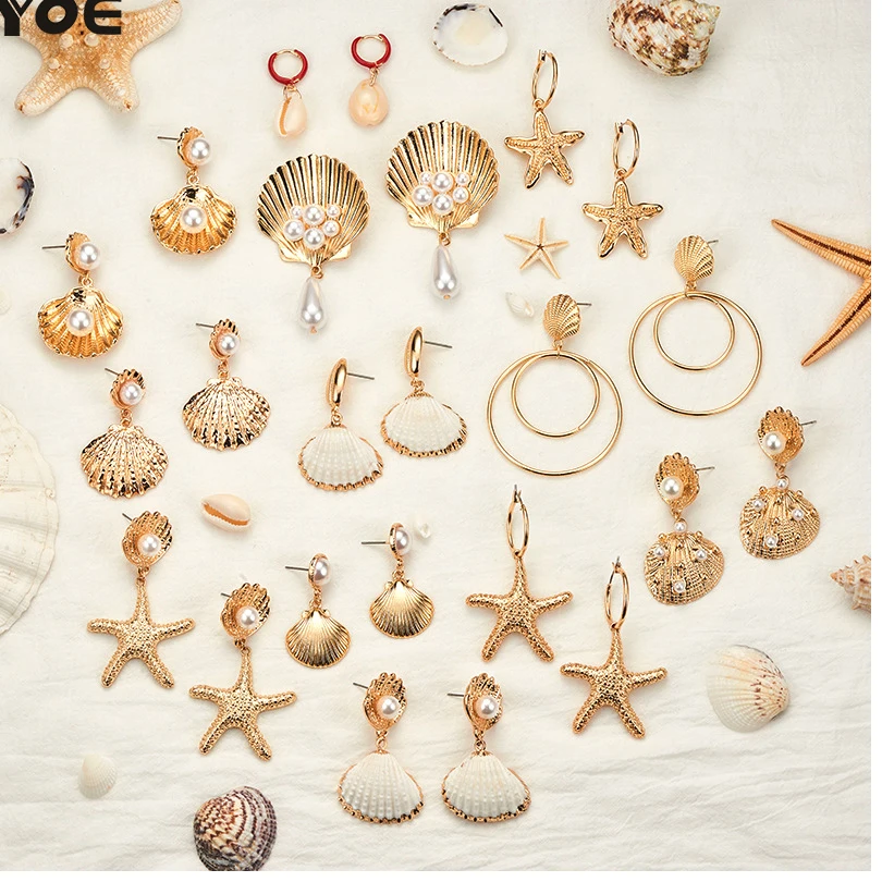 

IYOE 2019 Summer Boho Gold Color Shell Drop Earrings For Women Round Circle Pearl Starfish Natural Shell Earring Female Jewelry