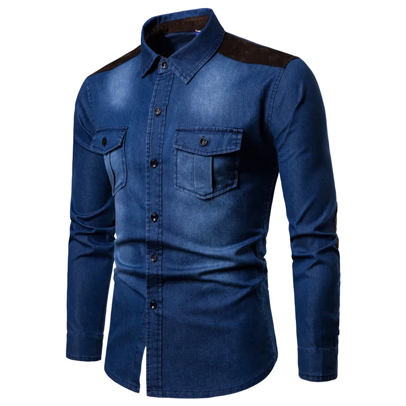 Мужские хлопчатобумажные рубашки модные деревенские в народном этническом стиле повседневные винтажные джинсовые синие рубашки мужские ковбойский с длинным рукавом джинсовые рубашки для мужчин