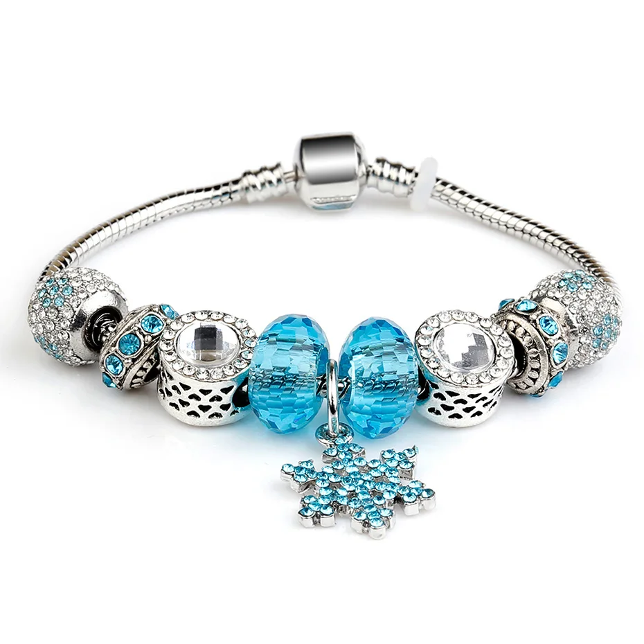 

Silver Plate Snake Chain Snowflake Crystal European Style Charm Bracelet for Women Femme Pink DIY Friendship Bracelets For MOM