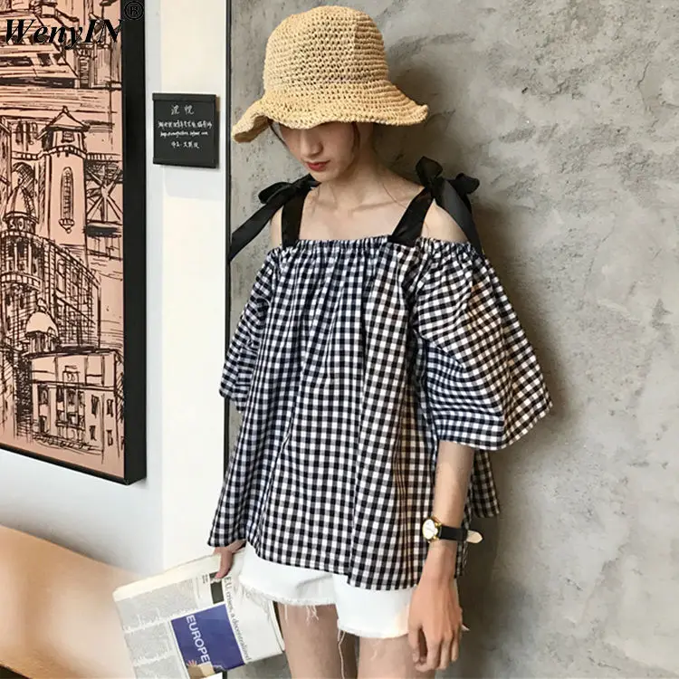 WENYIN/2018 Летняя мода уличная лук ремень блуза в клетку Для женщин blusas рубашка Топы