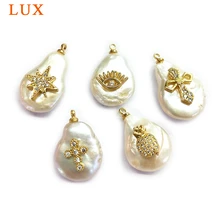 Natural Pearl cubic zirconia pendant White Coin Pearl micro CZ pave copper charm gold color plated DIY necklace jewelry findings n090612 21 white keshi pearl necklace cz pendant