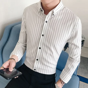

2019 new men's boutique fashion striped lapel business casual long-sleeved shirts