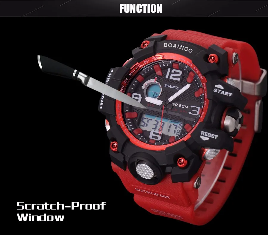 BOAMIGO Luxury Men's Watch LED  Analog Digital Plastic Military Watches Sport Quartz Wristwatches Dual Display Red Rubber Strap (3)