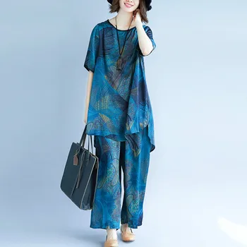 

Plus Size Women Sets Clothing Spring Summer Female Lady Tops Shirt Long Pants Loose Casual Print Silk 2 Pieces Set 2019 LP245