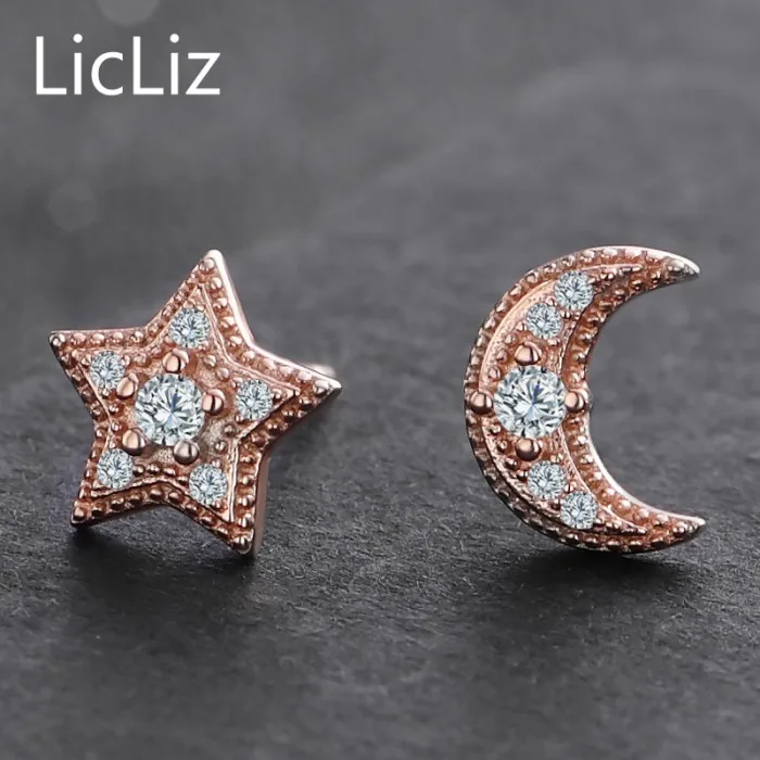 Серьги-гвоздики LicLiz из стерлингового серебра 925 пробы с Луной и звездой женские гвоздики для прокалывания ушей Mismatched Cubic Zirconia LE0339 - Цвет камня: Rose Gold Plated