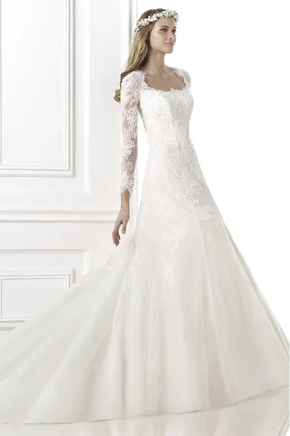 Modern white ivory square neck ball gown long sleeve lace wedding ...