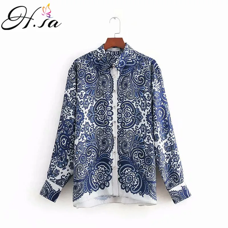 

H.SA 2019 Women Retro Printed Blouse and Tops Long Sleeve Blusas Button china print Floral Shirts Loose Tops Summer Shirt