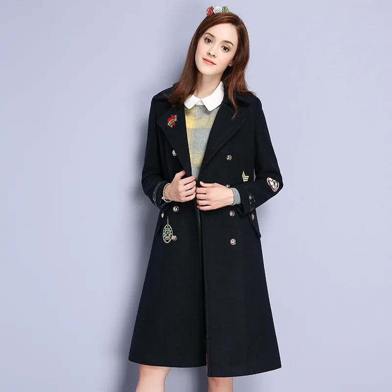 New Arrival 2016 Winter European Women’s Double Breasted Lapel Suit Collar Embroidery Wide-waisted Long Woolen Coat Casaco vesti