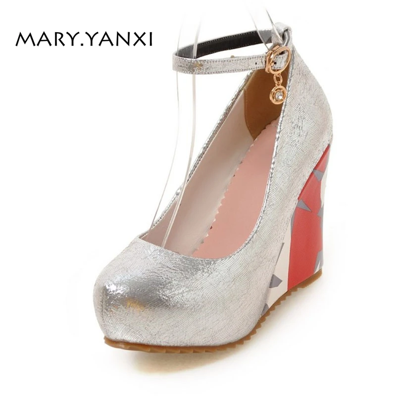 

Spring Autumn Women Pumps Platform Solid High Wedges Heels Round Toe Casual Fashion Shallow Buckle Strap Big Size Lady Shoes