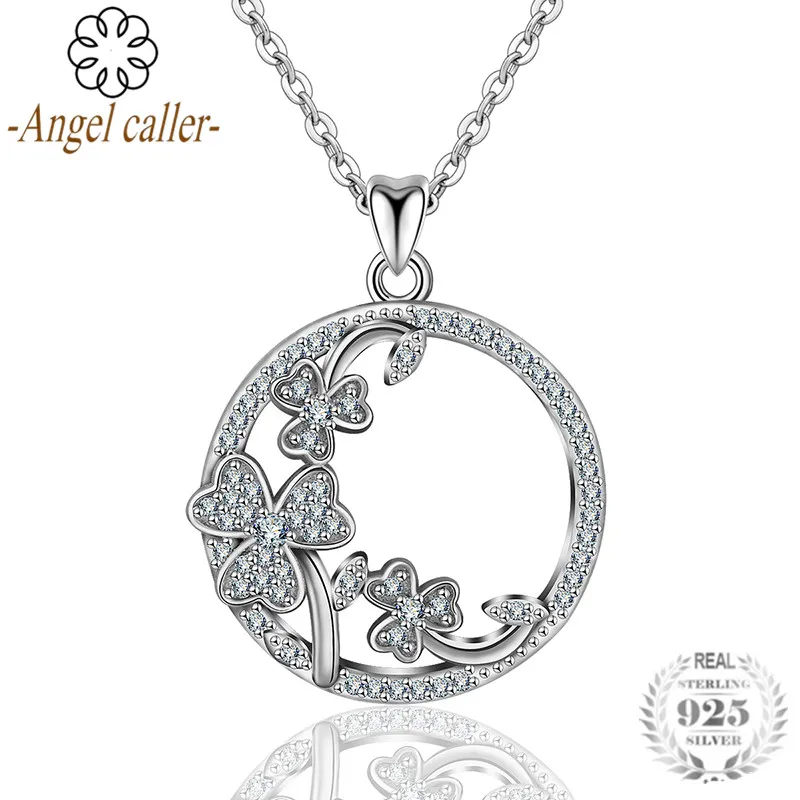 

Angel Caller 925 Sterling Silver Three Flowers Pendant Necklace Luxury Round Zircon Silver Necklace Fine Jewelry for Women