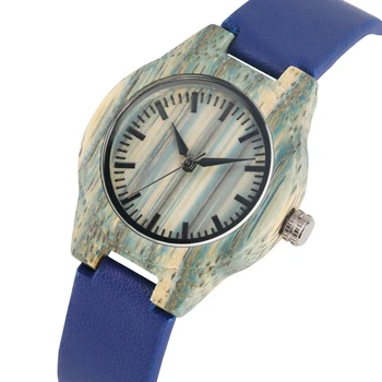 

Women&#39s Casual All Bamboo Watch Classic Handmade Quartz Wooden Watches Concise Green Dial Blue Pin Buckle Strap Wristwatch