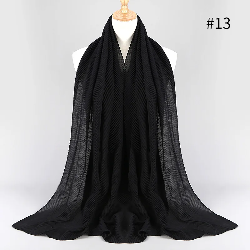 Women Pleated Cotton Hijabs Scarf Plain Wrinkle Crinkle Crimp Shawl Wraps Stole Muffler Muslim Hijab Headscarf 22Color 180x80cm - Цвет: 13 black