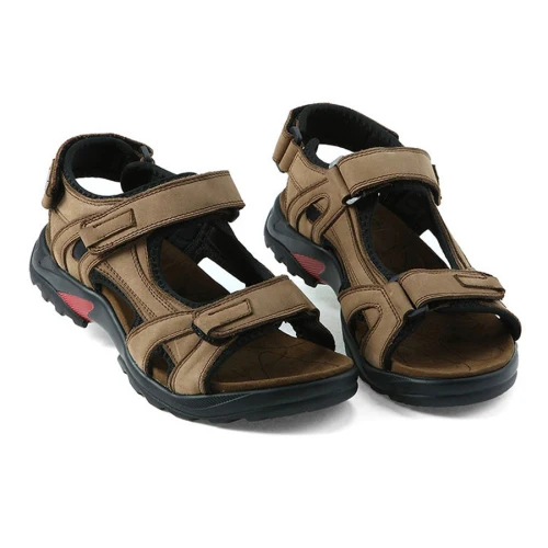 New Men Sandals Summer Shoes Genuine Leather Men Shoes Comfortable Outdoor Shoes Fashion Flat Men Shoes Plus Size 46 47 48 - Color: Khaki