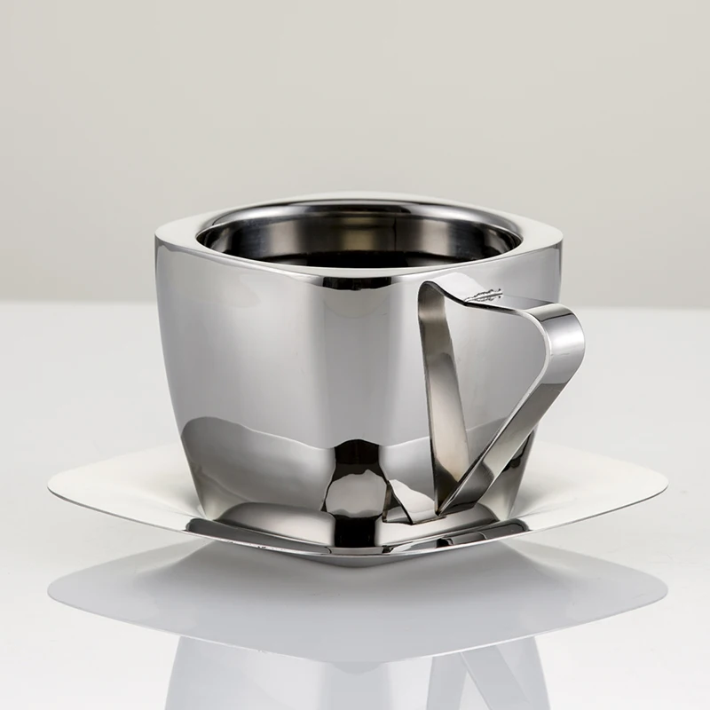 90/150/240ml Stainless Steel Coffee Cup Set Double Anti-hot Insulation Cups Creative Square Tea Cup and Saucer Milk Mug