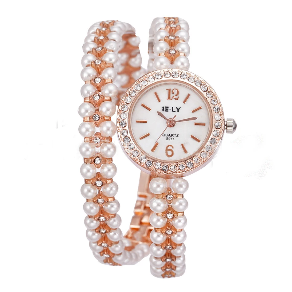 

Luxury Pearls Rhinestone Bracelet Watch Women Lady Shinning Crystal Dress Quartz Wrist Watches Relogio Feminino E057