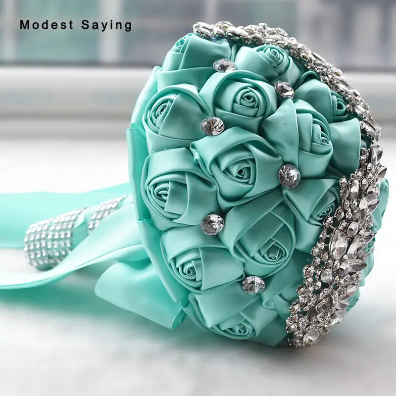 

Romantic Turquoise Artificial Flowers Wedding Bouquet 2017 with Rhinestone Bridal Bouquet Wedding Accessories bouquet de mariage