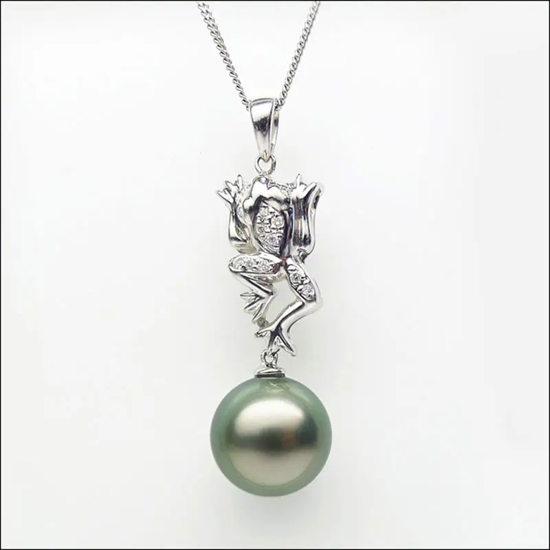 

free shipping 11.2mm Natural Green Real Tahitian Pearl Pendant 14 Solid White Gold