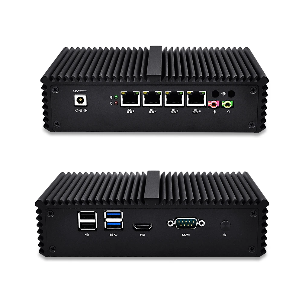 Fanless Mini PC with 4 Gigabit LAN ports, 2GB RAM 500GB HDD, HD Video port, 4 USB, COM, Linux Windows pfSense Dual core 1.7 GHz