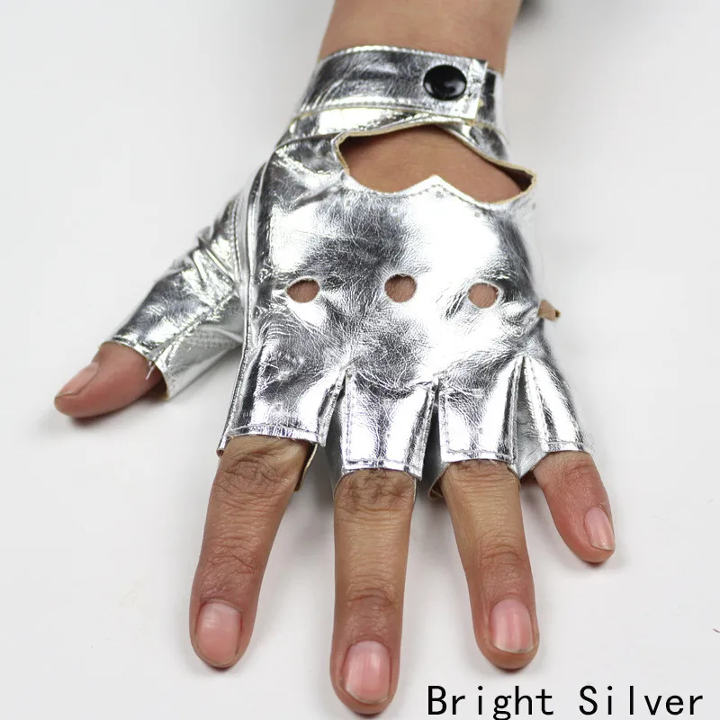 Longkeperer 1 пара Мода PU половина пальца вождения шоу Джаз женские перчатки без пальцев перчатки для женщин черные серьги SXJ80 - Цвет: Bright Silver