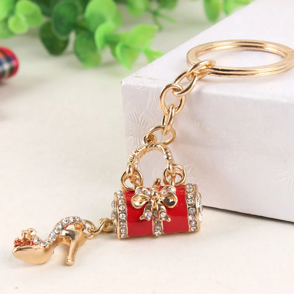 

Red Lady Handbag High-heel Shoe Butterfly Bowknot New Fashion Cute Rhinestone Crystal Purse Key Ring Chain Jewelry Delicate Gift