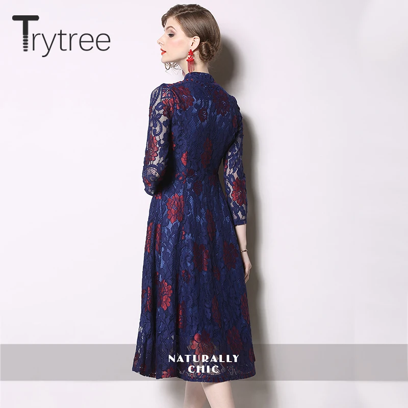 Trytree лето осень цветочное кружевное Повседневное платье женские платья с коротким рукавом стоячий воротник ТРАПЕЦИЕВИДНОЕ платье до колен Шелковистое Сетчатое платье