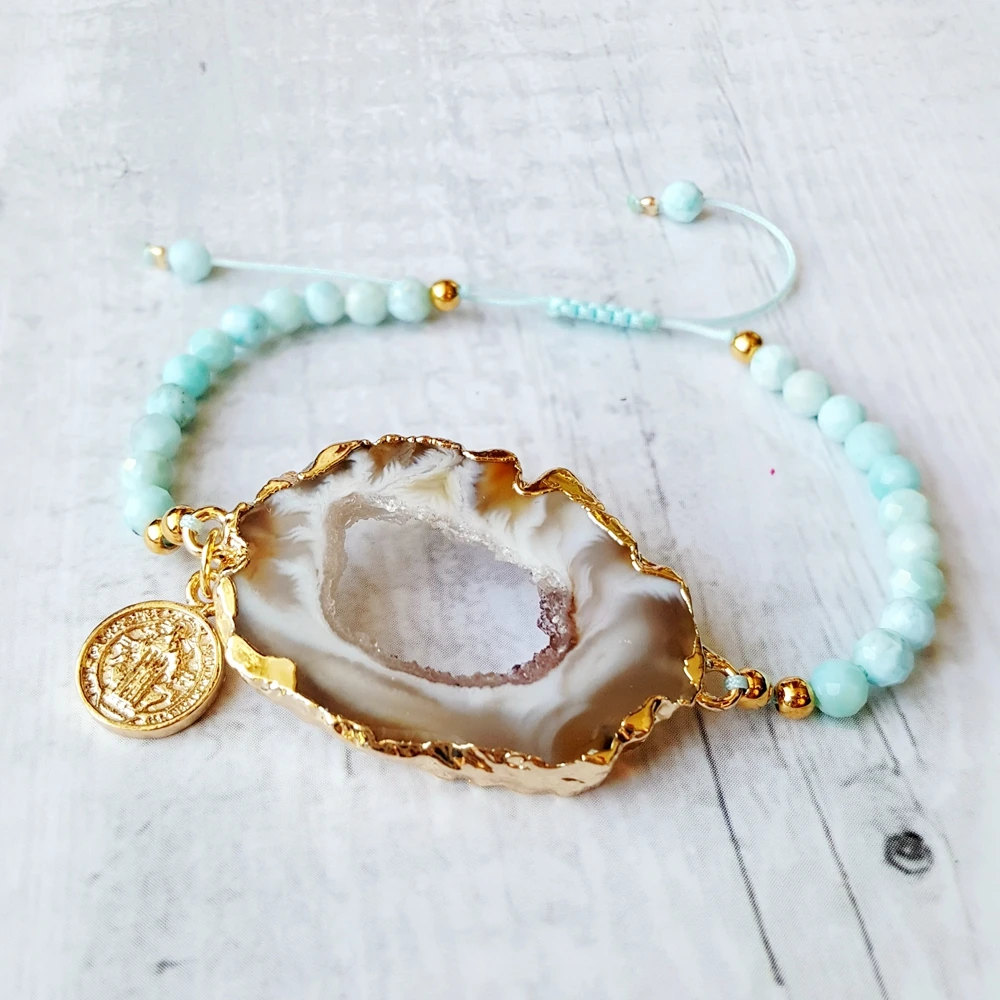 Lii Ji Larimar Drusy Druzy кристалл агат натуральный камень веревка браслет для женщин мужские ювелирные изделия Прямая поставка