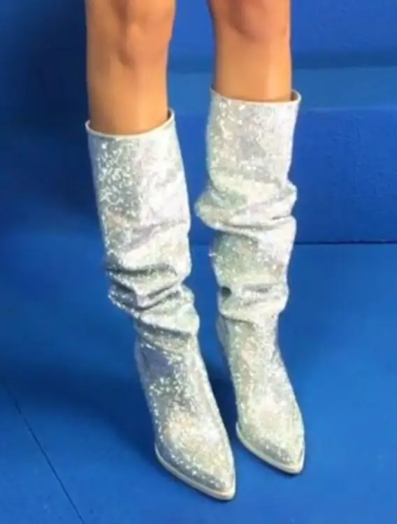Size41 Lujo Cubierta Knight On Cristal Slip De Mujer Picture Tacón Otoño As Caliente Glitter Grueso Botas Bling Moda 7Zq5xI
