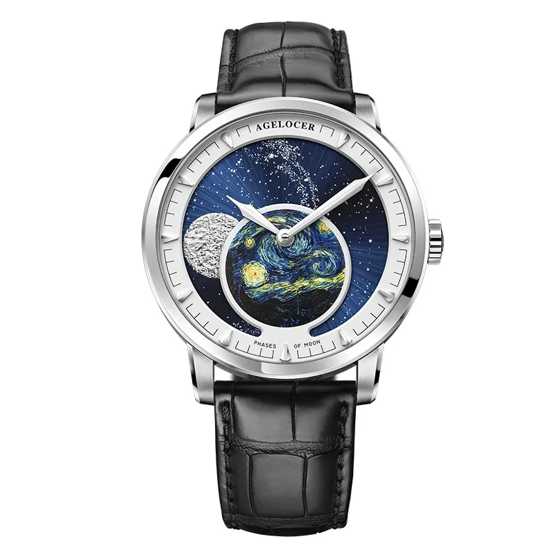 AGELOCER Швейцарский дизайнер Moon Phase роскошные часы Лидирующий бренд Мужские автоматические сапфировые часы Механические запас хода 6404D2 - Цвет: 6401A1