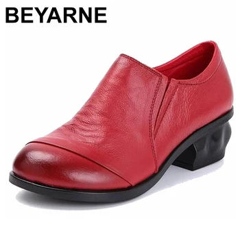 

BEYARNE 2018 Genuine Leather Women Shoes Thick Med Heels Work Dress Shoes Spring Autumn Pumps Women Size 41
