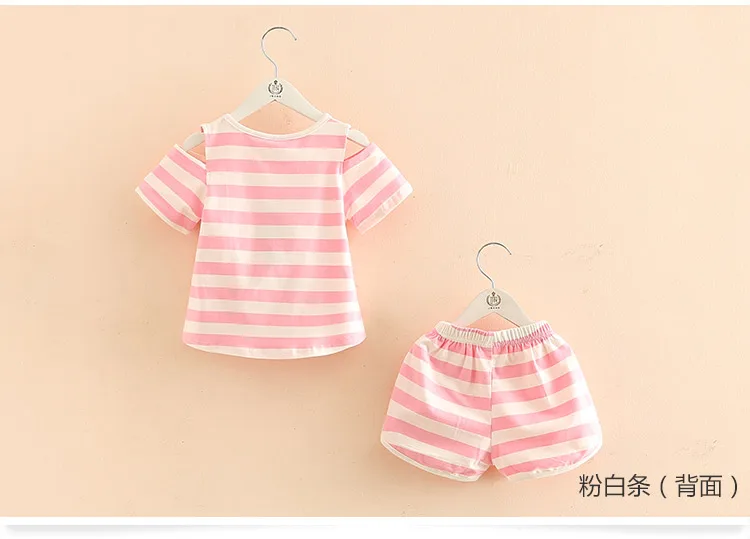 Girls Clothing Set 2018 Summer 2-10 Years Old Kids Girl Star Strip Print Wrap Shoulder T Shirt+Shorts Sports 2 Pcs Tracksuit Set (9)