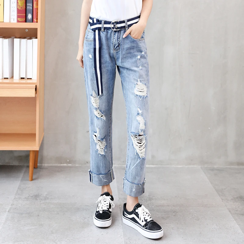 

Rotten holes Straight jeans Easy New Spring 2019 Ninth pants BF straight trousers with high waist
