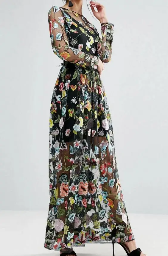 

2017 New Womens Round Neck Long Sleeves Floral Flowers Embroidered Design Maxi See Through Tulle Dress With Button-keyhole Back