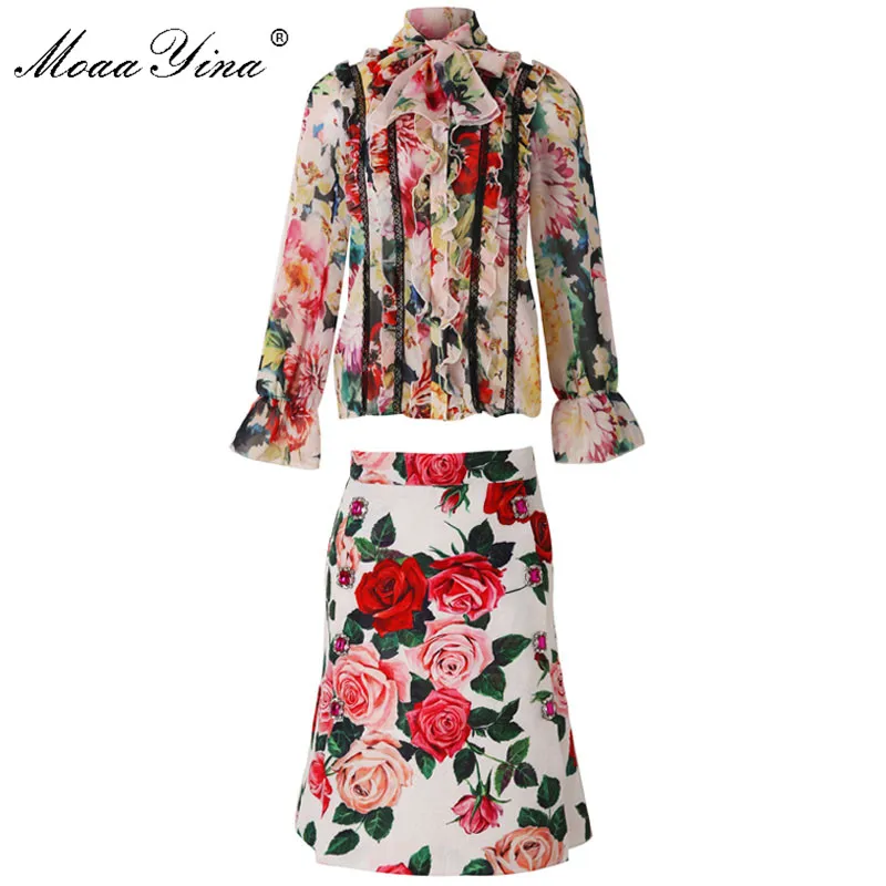 

MoaaYina Fashion Designer Set Summer Women Long sleeve Rose Floral-Print Lace Ruffles Elegant Top+Short skirt Two-piece suit