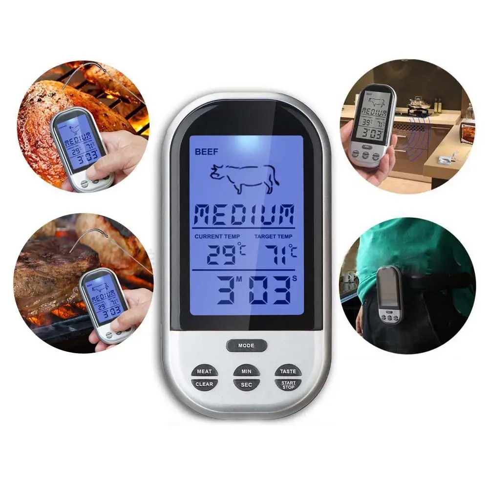 Programmable Wireless Remote Digital Thermometer Probe Meat BBQ