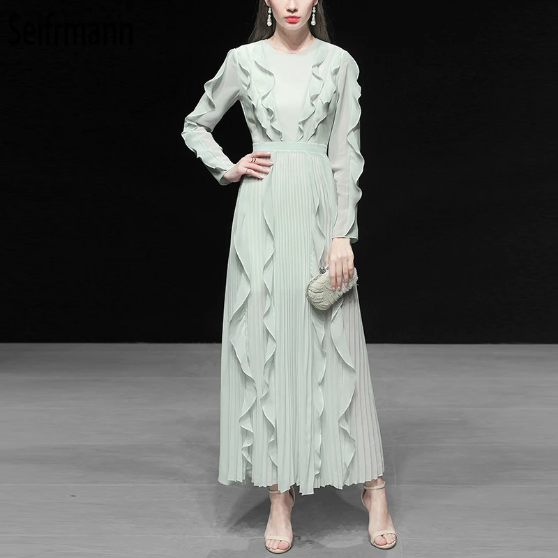

Seifrmann New 2019 Summer Women Dress Runway Fashion Designer Full Sleeve Ruffles Elegant Vintage Party Ladies Pleated Dresses