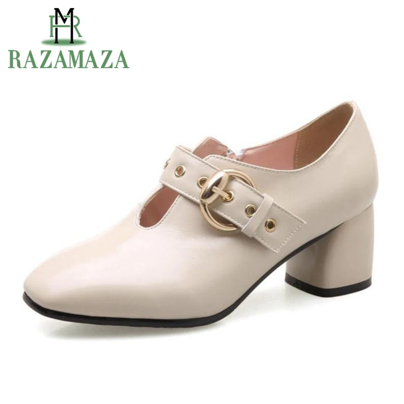 

RAZAMAZA Women Pumps Genuine Leather Casual Shoes Women Square Toe Metal Buckle Fashion Party Designer Footwear Size 33-43