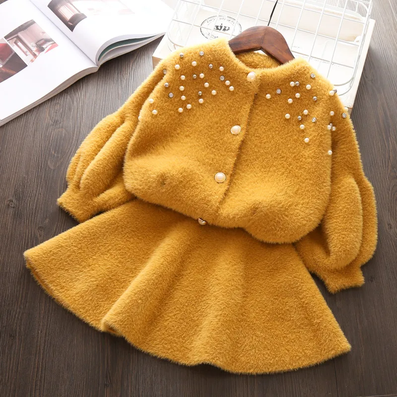 

Child girls Autumn Thick clothing sets knitted Sweater clothes suit shirt + Short skirt 2 pieces outfits Kids Christmas Costume