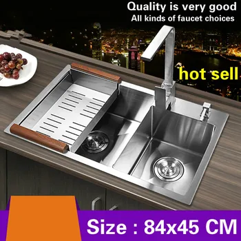 Buy Free Shipping Hot Sell Handmade Food-grade 304 Stainless Steel Big Kitchen Sink Double Groove Thickening Durable 840x450 MM