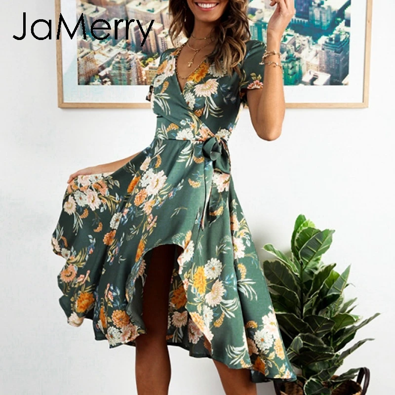 

JaMerry Boho vintage sexy floral print women dresses High waist summer midi dress Elegant ruffle ladies party dress vestidos