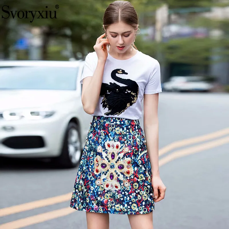 

Svoryxiu 2019 Women's Summe Runway Two Piece Set Embroidery White Short Sleeve Tees + Crystal Diamond Mini Skirts Female