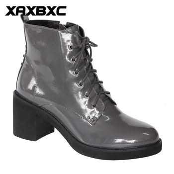 

XAXBXC 2019 Retro British Winter Gray PU Leather Rivet Lace-Up Short Ankle Boots Warm Women Boots Handmade Casual Lady Shoes