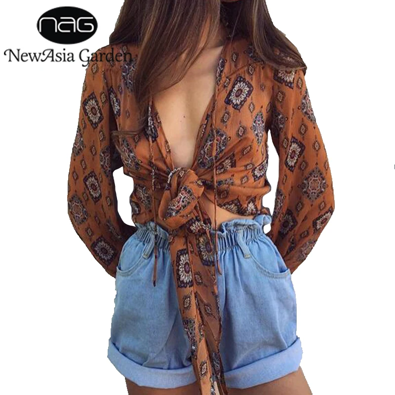 

NewAsia Garden Summer Kimono Wrap Women Blouses Floral Print Beach Cover Shirt Bow Tie V Neck Long Sleeve Crop Tops Blusas New