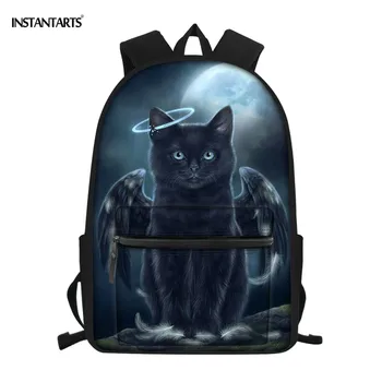 

INSTANTARTS Black Angel Cat Animal Printing Shoulder Backpack for Students Back to School School Bags 3D Design Kids Rucksack