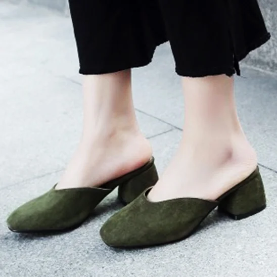 

EAGSITY suede women mules slides block heel shoes ladies dress party causal fashion slip on round toe Green